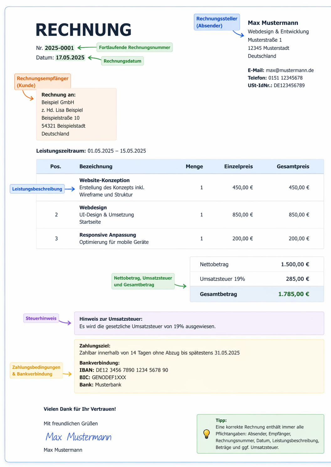 Beispiel Rechnung Vorlage mit allen Pflichtangaben wie Rechnungsnummer, Datum und Betrag